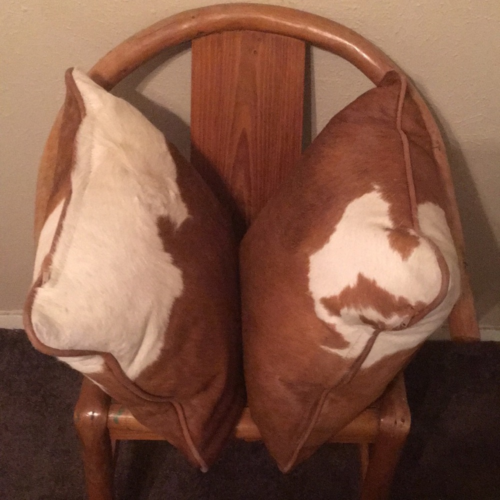 Pair of RL Cowhide Pillows. Brown & White.